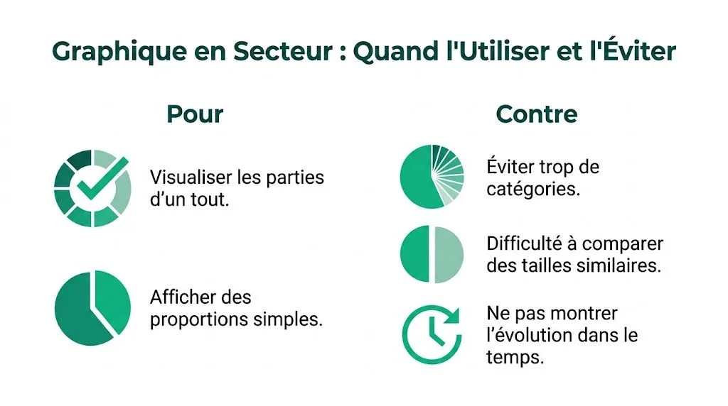 Infographie présentant les avantages et les inconvénients de l'utilisation des graphiques en secteurs pour la visualisation.
