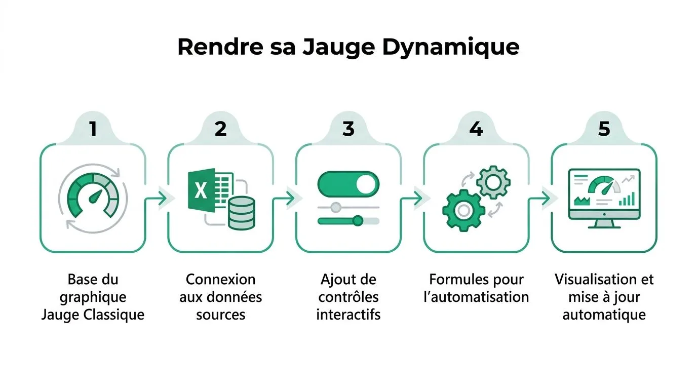 Infographie en cinq étapes illustrant le processus pour créer un graphique de jauge dynamique dans Excel.