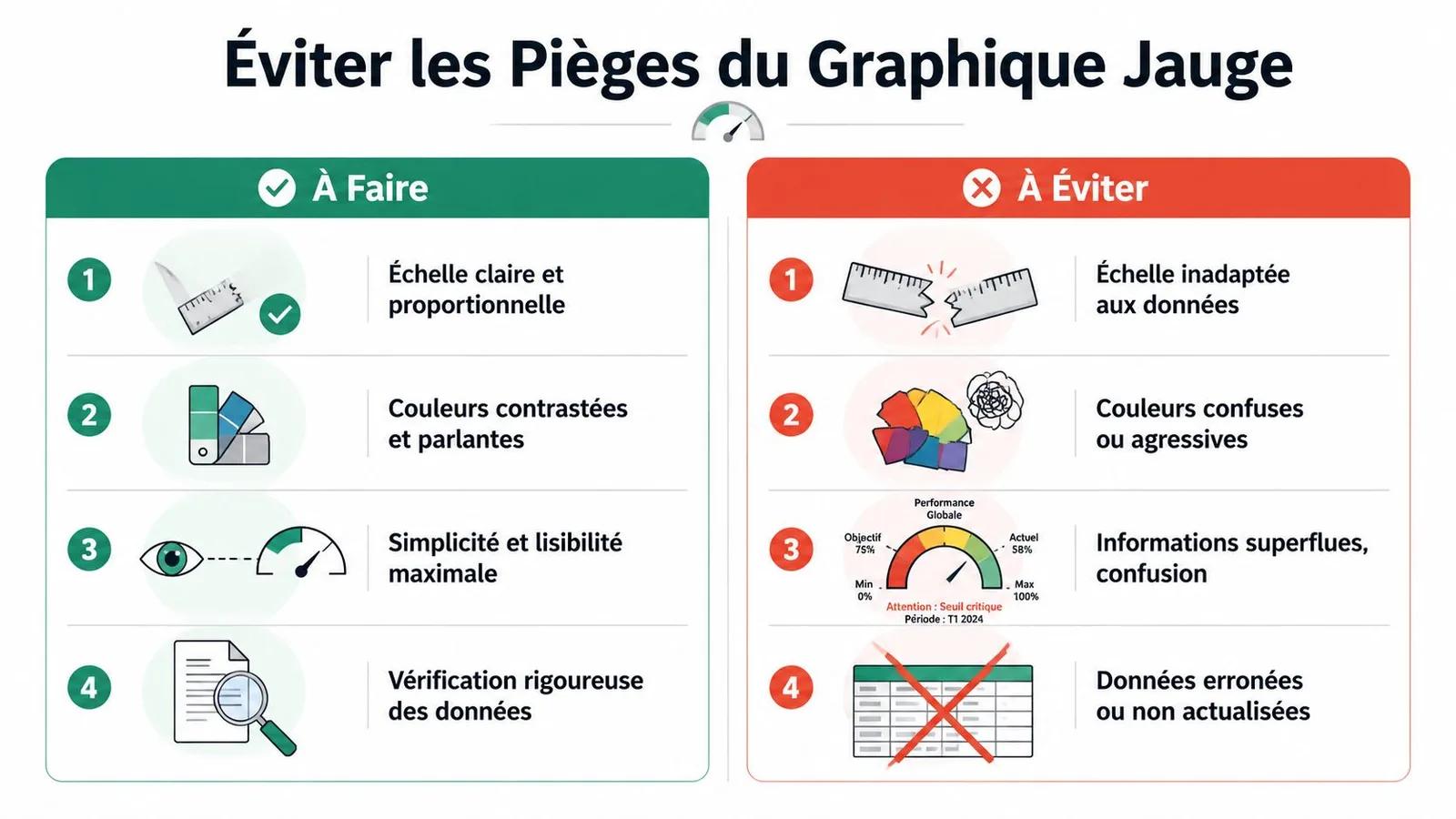 Infographie présentant les bonnes pratiques et les erreurs courantes à éviter lors de la création d'un graphique jauge.