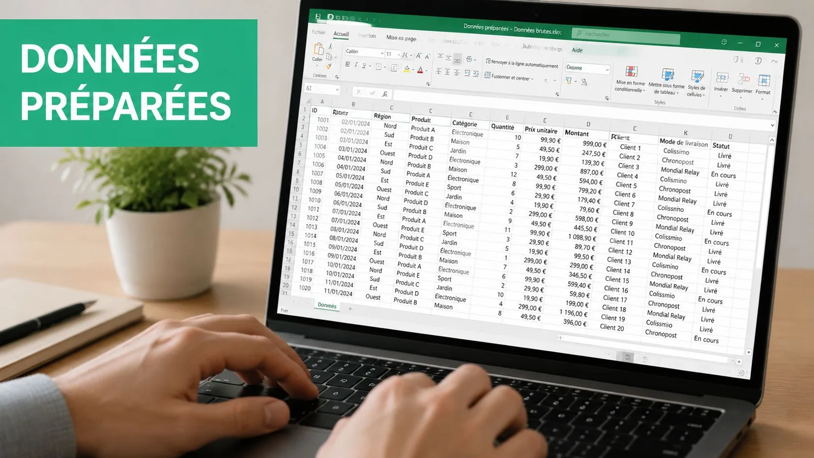 Une personne travaille sur un ordinateur portable affichant un tableau Excel avec des données commerciales organisées.