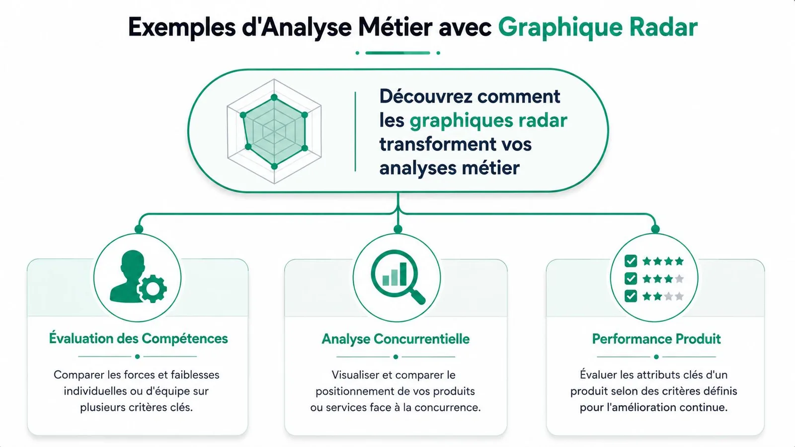Un graphique montrant trois exemples d'utilisation des graphiques radar pour l'analyse métier en entreprise.