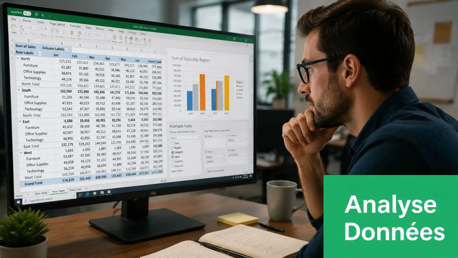 Un analyste de données travaille sur un tableau croisé dynamique Excel affiché sur son grand écran.
