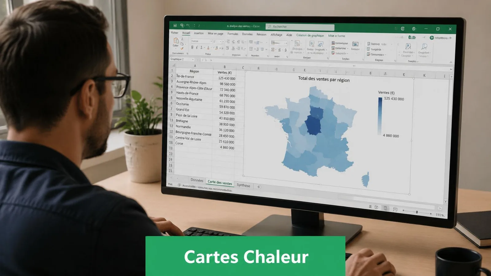 Un homme travaillant sur un ordinateur affichant une carte thermique des ventes par région sur Microsoft Excel.