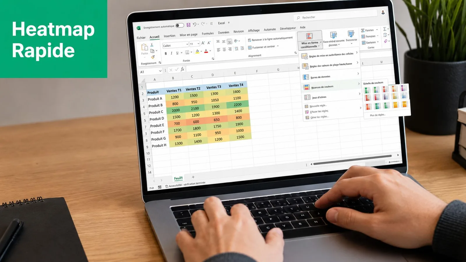 Une personne utilisant un ordinateur portable pour créer une carte thermique colorée dans un tableau Microsoft Excel.