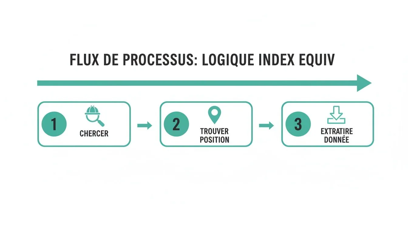 Un diagramme de flux illustrant les étapes de la logique INDEX EQUIV : chercher, trouver la position et extraire les données.