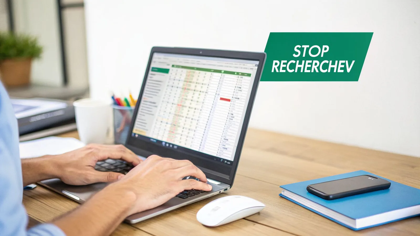 Personne tapant sur un ordinateur portable avec une feuille de calcul ouverte, avec un message 'STOP RECHERCHEV'.
