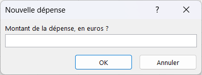 La boîte d’Application.InputBox titrée Nouvelle dépense, avec le champ de saisie sous la question et les boutons OK et Annuler en bas