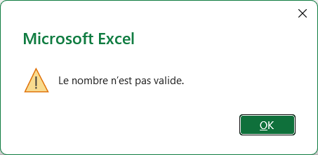 Le message d’Excel Le nombre n’est pas valide, avec son bouton OK