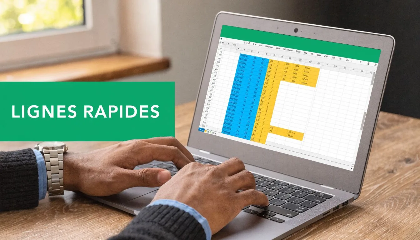 Une personne travaille sur un ordinateur portable affichant un tableur Excel avec des lignes en surbrillance.
