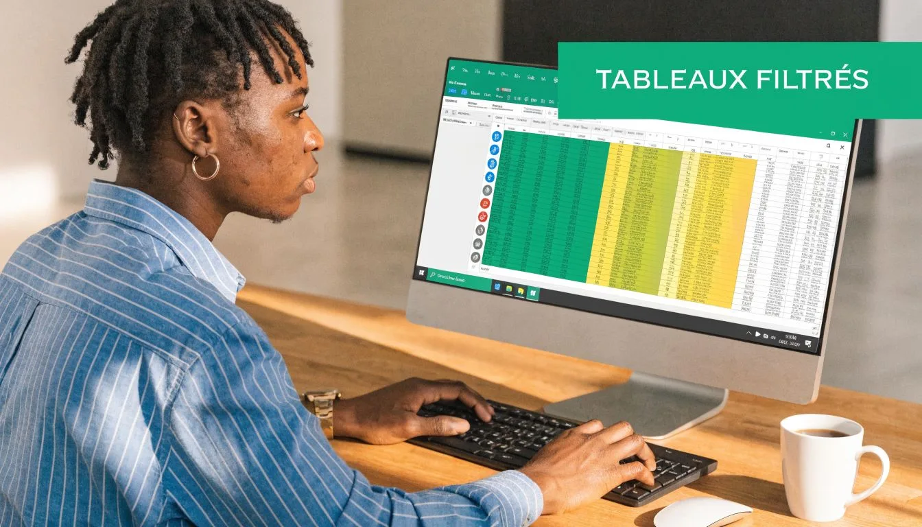 Un jeune homme travaillant sur un ordinateur affichant des données dans un tableur Excel coloré et filtré.