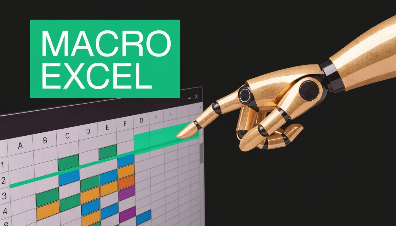 Une main robotisée dorée pointe vers un tableau Excel numérique avec des cellules colorées sur un écran.