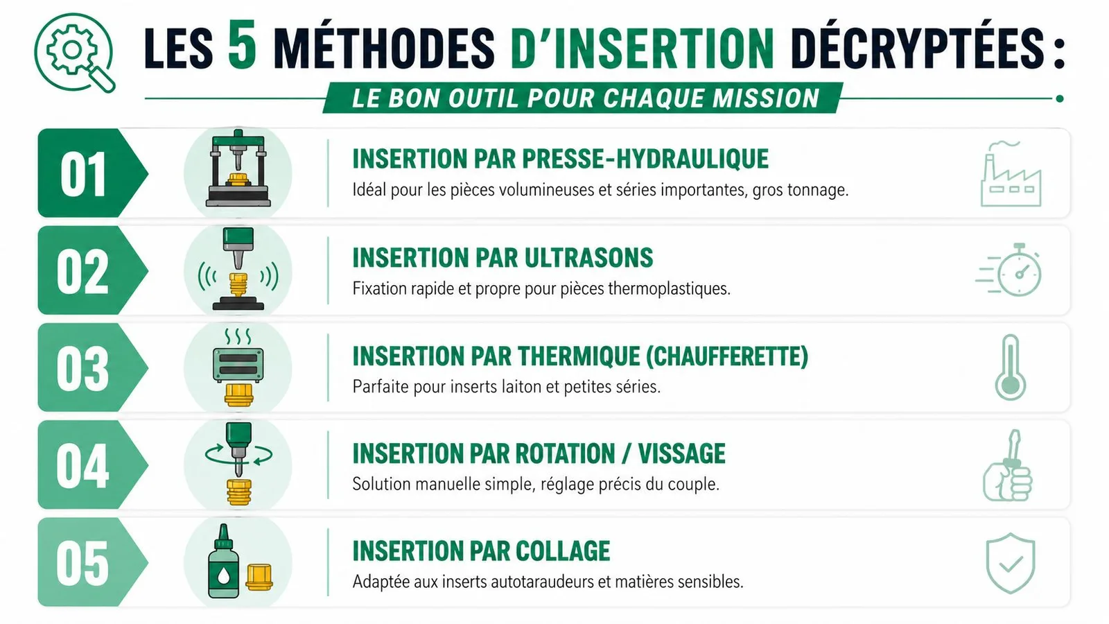 Infographie résumant les 5 méthodes pour insérer des données Excel dans Word, avec une icône pour chaque option.