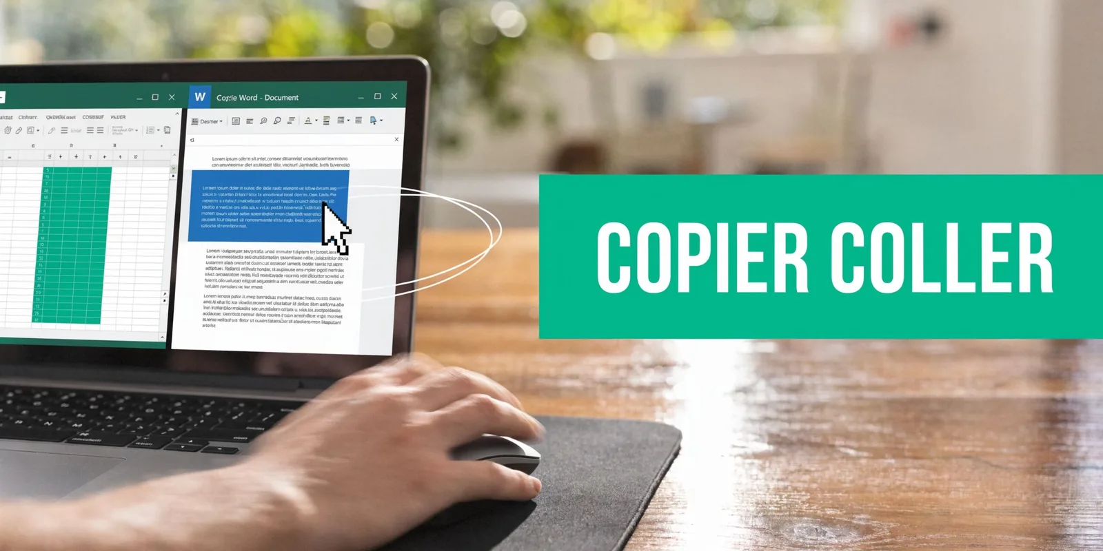 Une personne utilisant une souris pour copier un tableau Excel et le coller dans un document Microsoft Word.