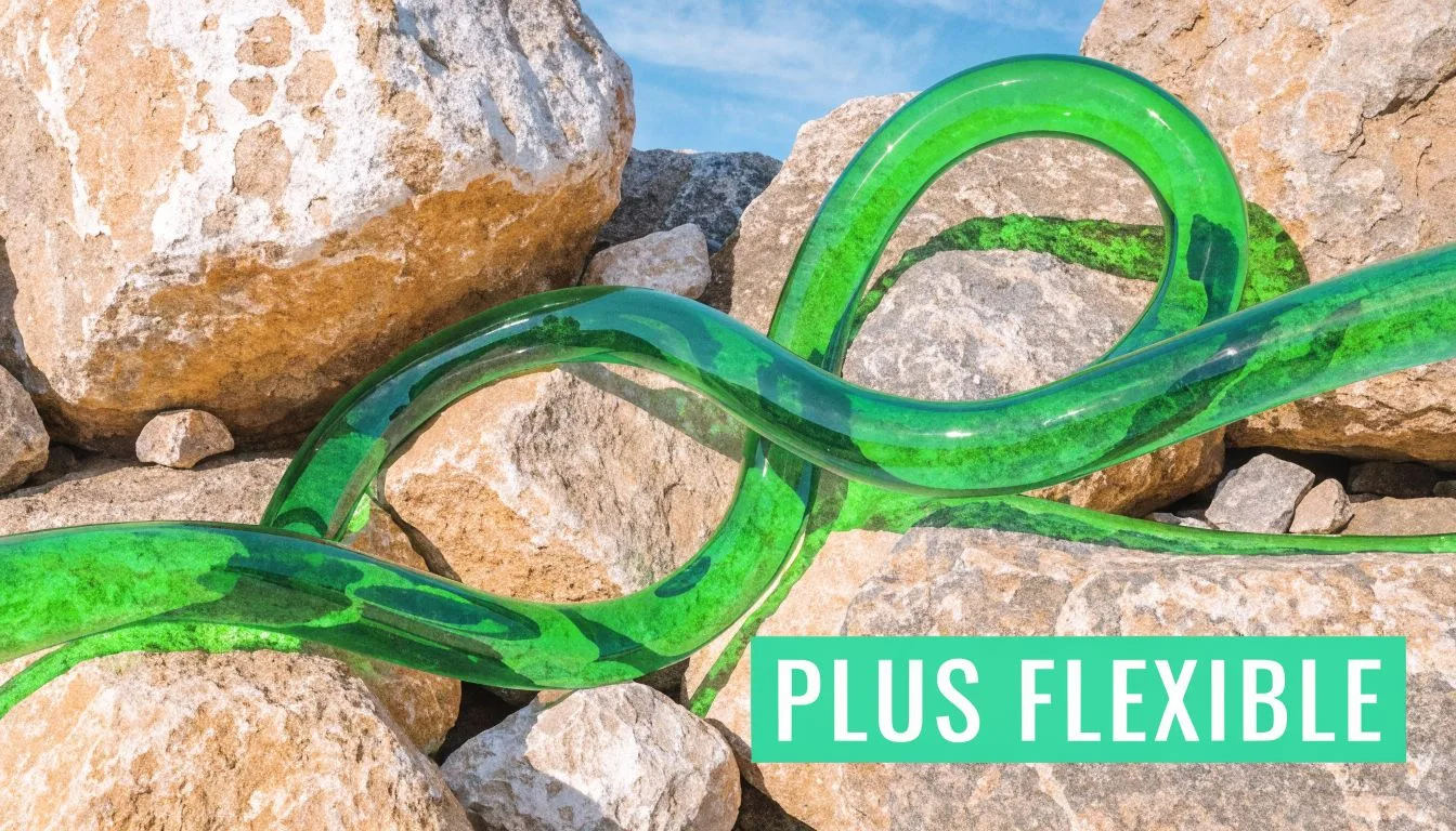 Un tuyau en plastique vert flexible disposé en boucle sur un sol rocheux et pierreux naturel.