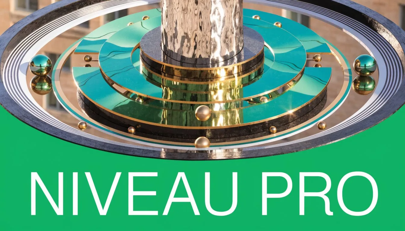 Une illustration 3D futuriste composée de cercles dorés et verts avec le texte Niveau Pro affiché dessous.