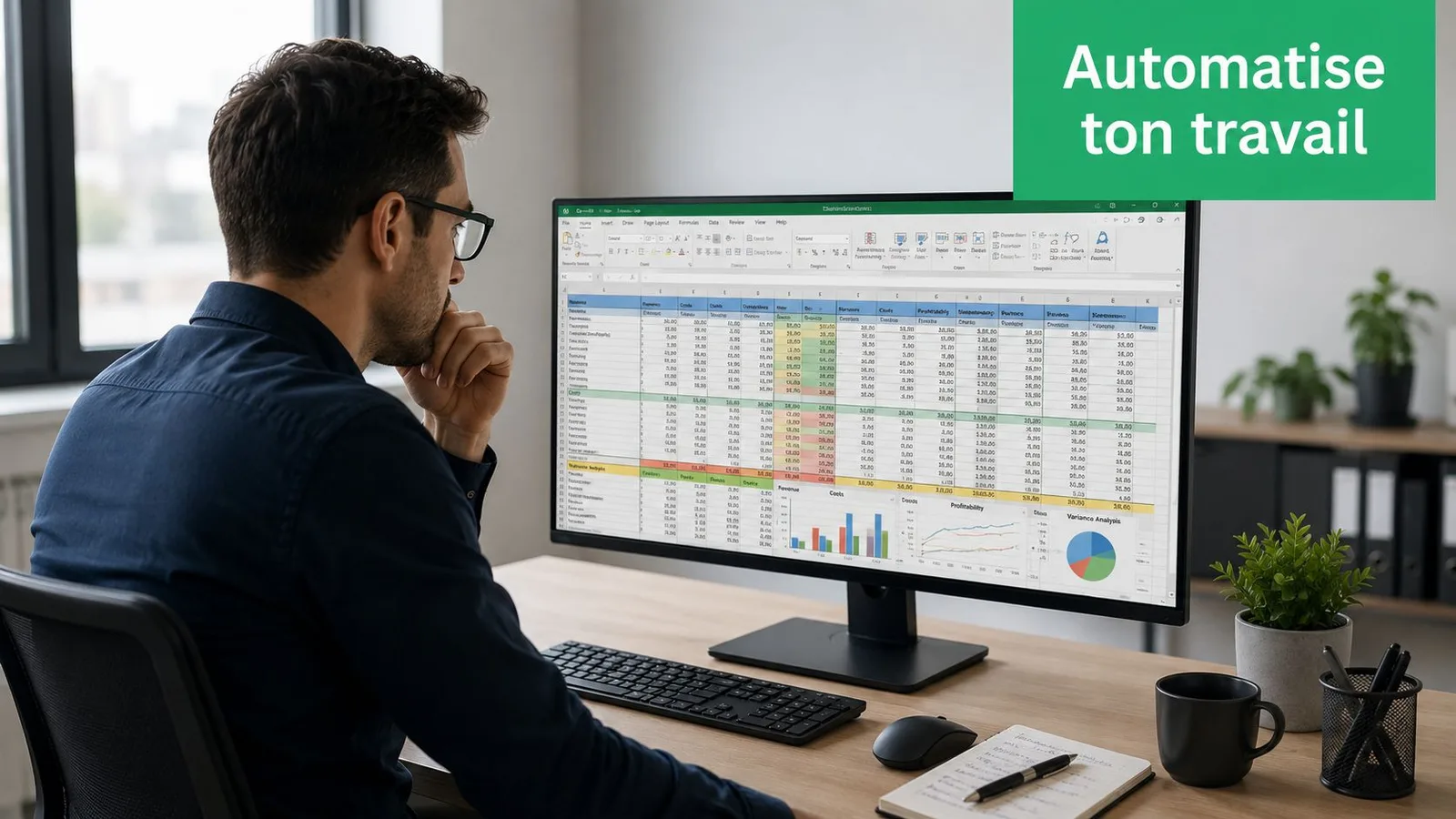 Un homme travaillant sur un ordinateur avec un tableur Excel complexe pour automatiser son travail quotidien