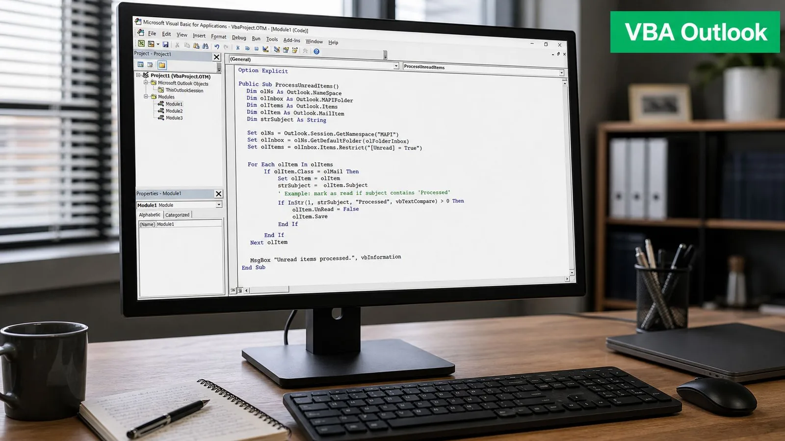 Un écran d'ordinateur affichant un code source VBA pour automatiser la gestion des e-mails dans Outlook.