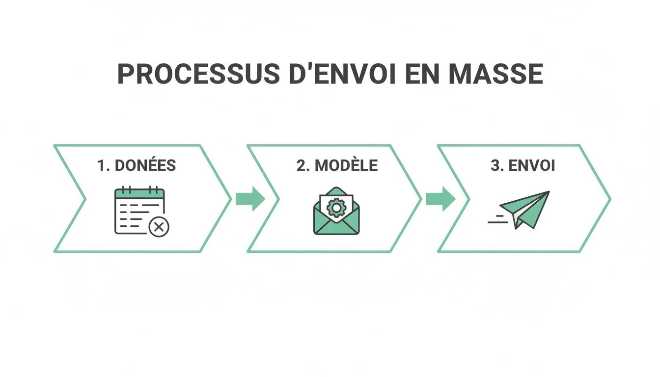 Diagramme linéaire montrant les étapes d'un processus d'envoi de masse : données, modèle et envoi d'e-mails.