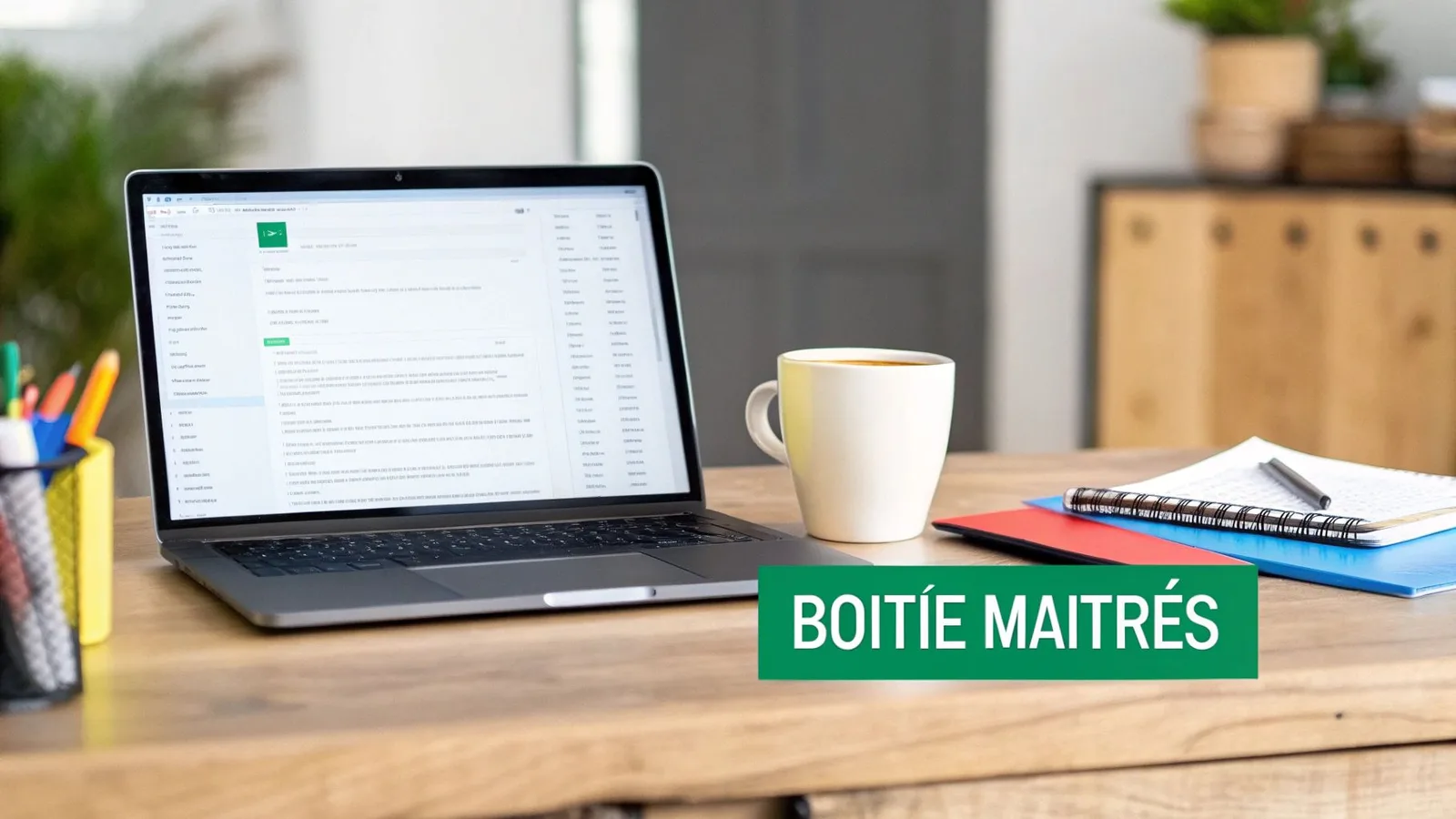 Ordinateur portable sur un bureau en bois affichant un client de messagerie, avec une tasse de café et des fournitures de bureau.