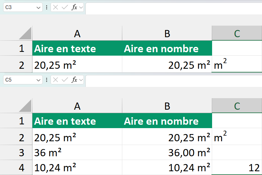Deux états de la même feuille empilés. En haut, la cellule C2 affiche un m suivi d’un 2 surélevé, l’exposant ayant pris sur le libellé de texte. En bas, la cellule C4 affiche 12 calé à droite, au format Standard, que le même geste a laissé intact