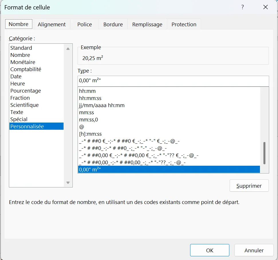 La fenêtre Format de cellule ouverte sur l’onglet Nombre, catégorie Personnalisée sélectionnée en bleu dans la liste, le code 0,00 espace guillemet m deux en exposant guillemet dans le champ Type, et l’aperçu 20,25 m² juste au-dessus