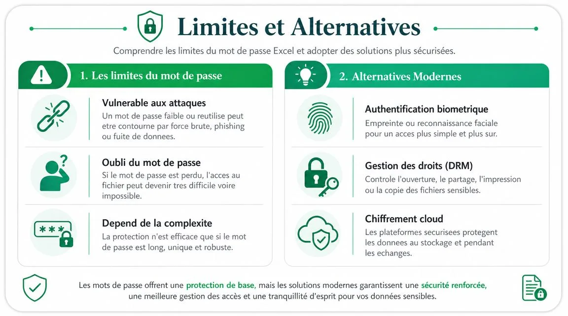 Infographie présentant les limites de la protection par mot de passe Excel et des solutions de sécurité modernes.