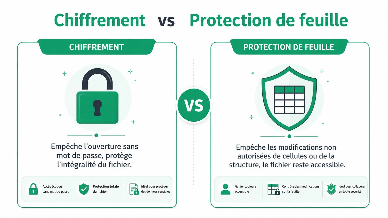Comparaison visuelle entre le chiffrement de fichier et la protection de feuille dans Excel.