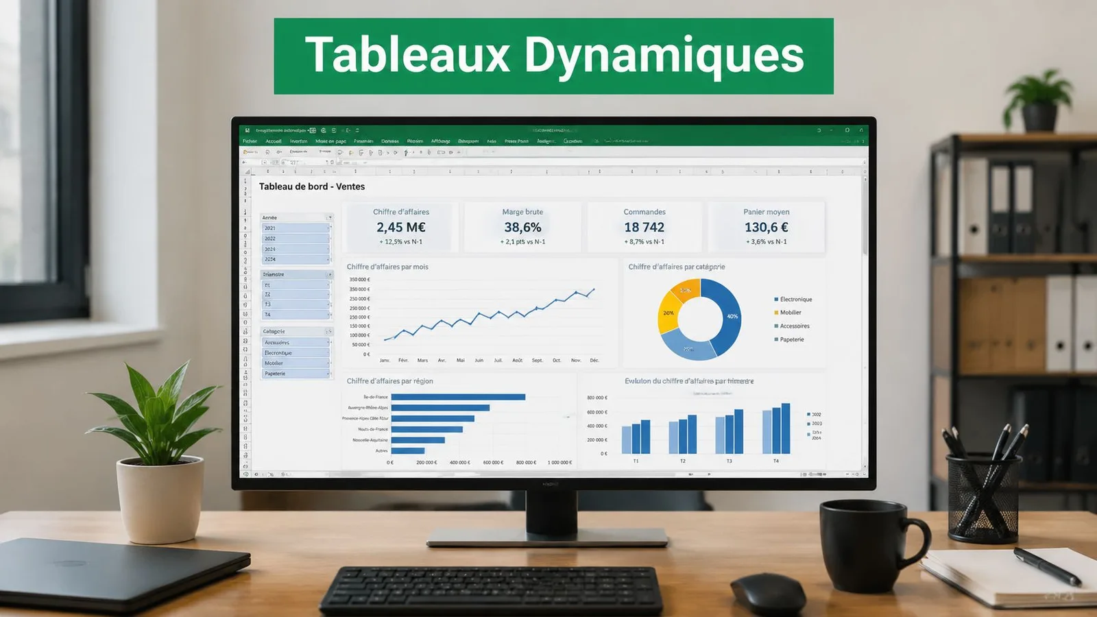 Un moniteur affichant un tableau de bord Excel dynamique avec des graphiques de ventes sur un bureau.