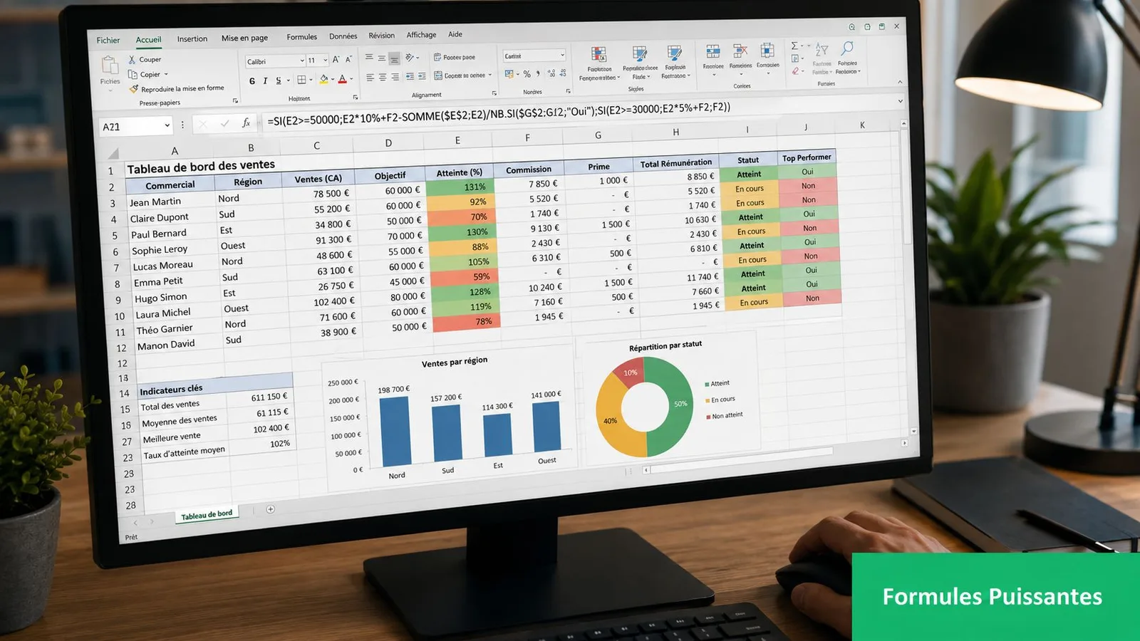 Un écran d'ordinateur affichant un tableau de bord Excel avec des données de ventes et des graphiques.