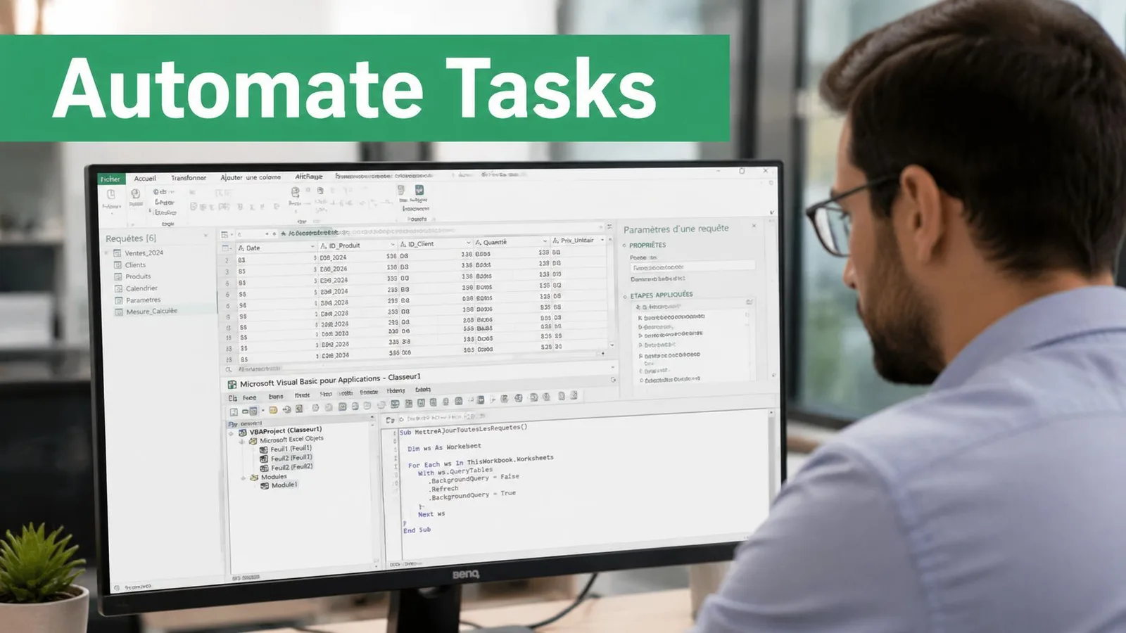 Un homme travaillant sur un ordinateur affichant l'éditeur VBA et des requêtes de données sur Excel.