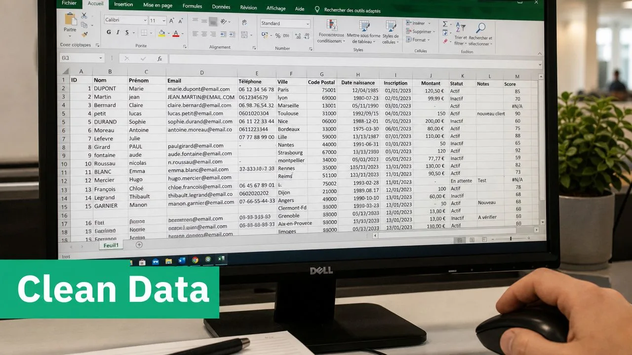Une vue rapprochée sur un écran d'ordinateur affichant un tableau de données Excel avec des erreurs de formatage.