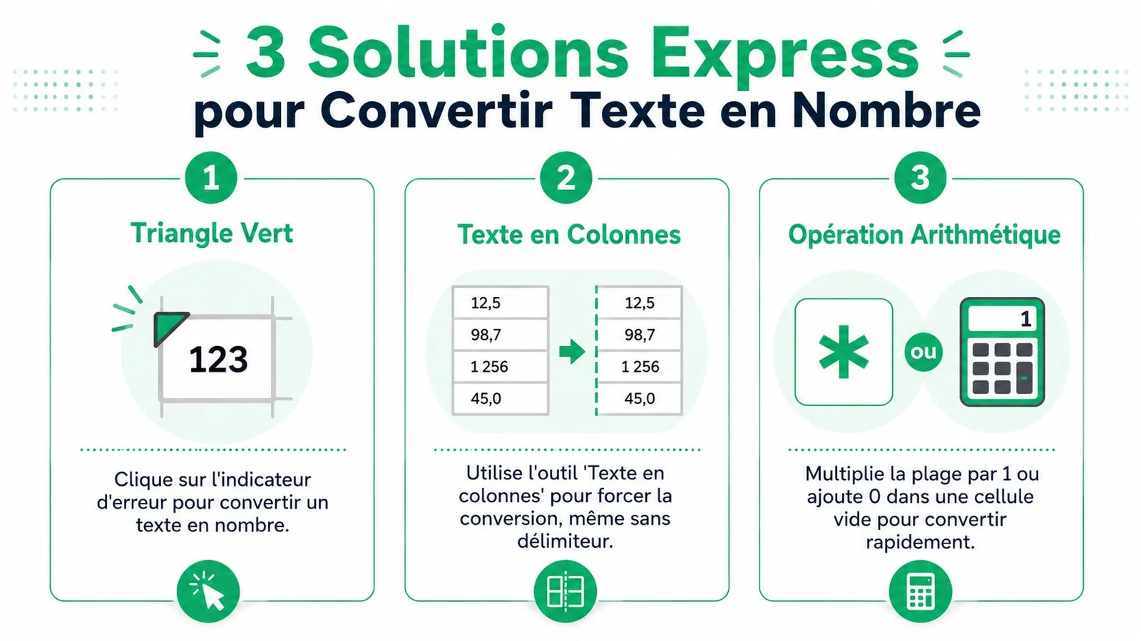 Infographie illustrant trois méthodes rapides pour convertir des nombres stockés sous forme de texte dans Excel.