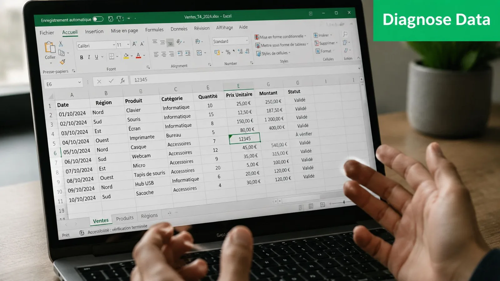 Une personne utilisant un ordinateur portable montrant une feuille de calcul Excel avec une erreur de format.