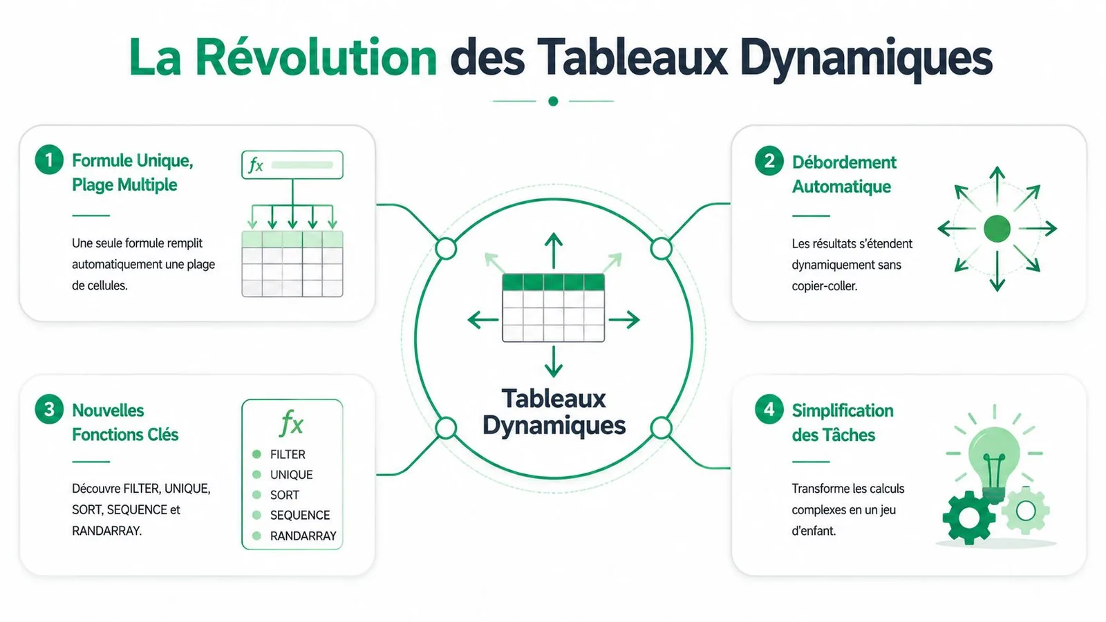 Infographie illustrant la révolution des tableaux dynamiques dans Excel avec quatre fonctionnalités clés expliquées visuellement.