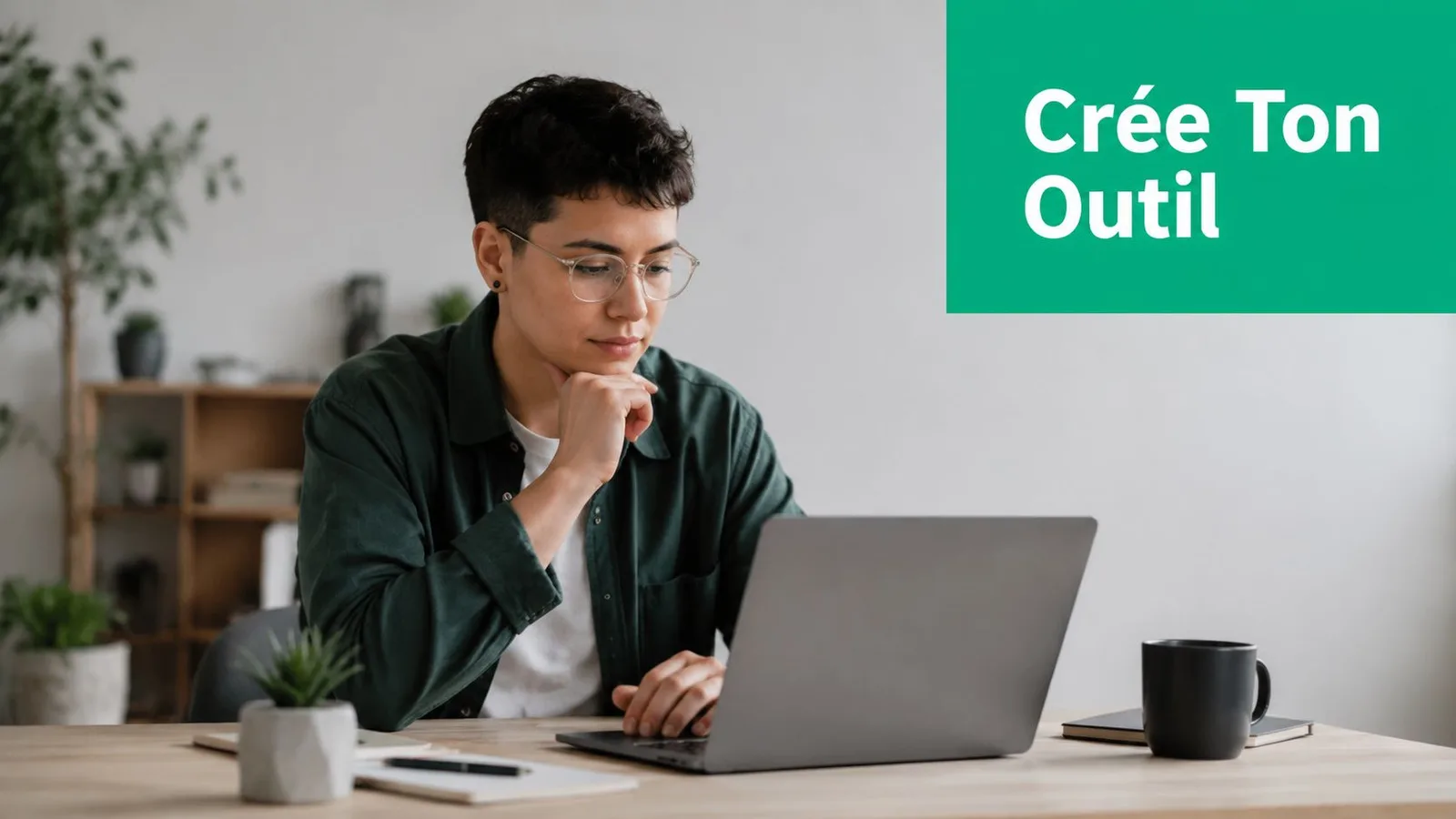 Une personne utilisant un ordinateur portable dans un espace de travail professionnel avec le texte Crée Ton Outil.