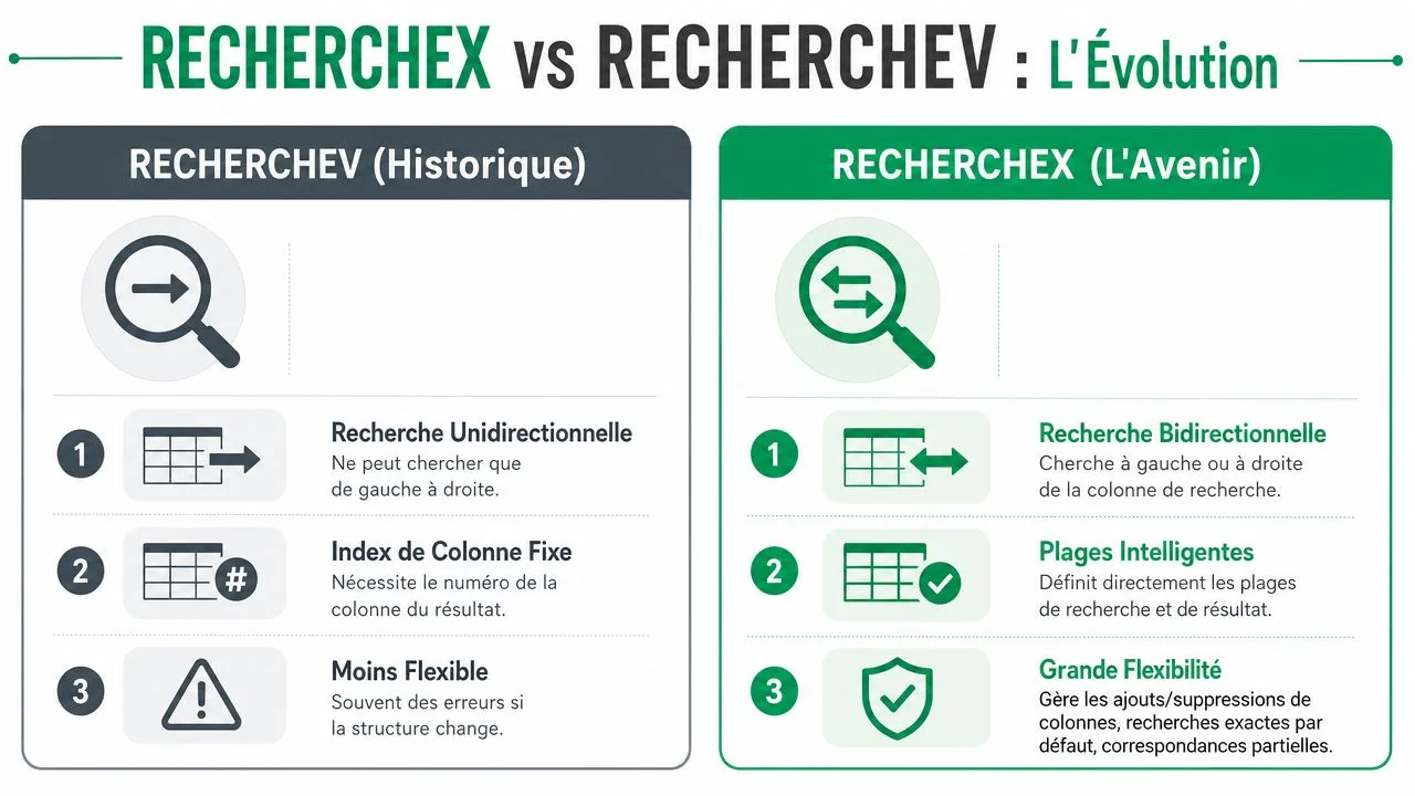 Comparaison infographique entre RECHERCHEV et RECHERCHEX montrant l'évolution des fonctionnalités de recherche dans Microsoft Excel.