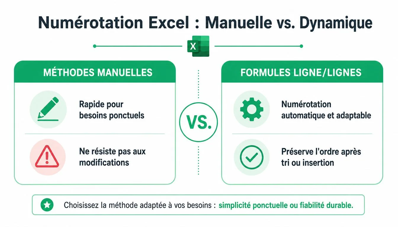 Une infographie comparant les méthodes de numérotation manuelle et dynamique dans Microsoft Excel pour une meilleure organisation.