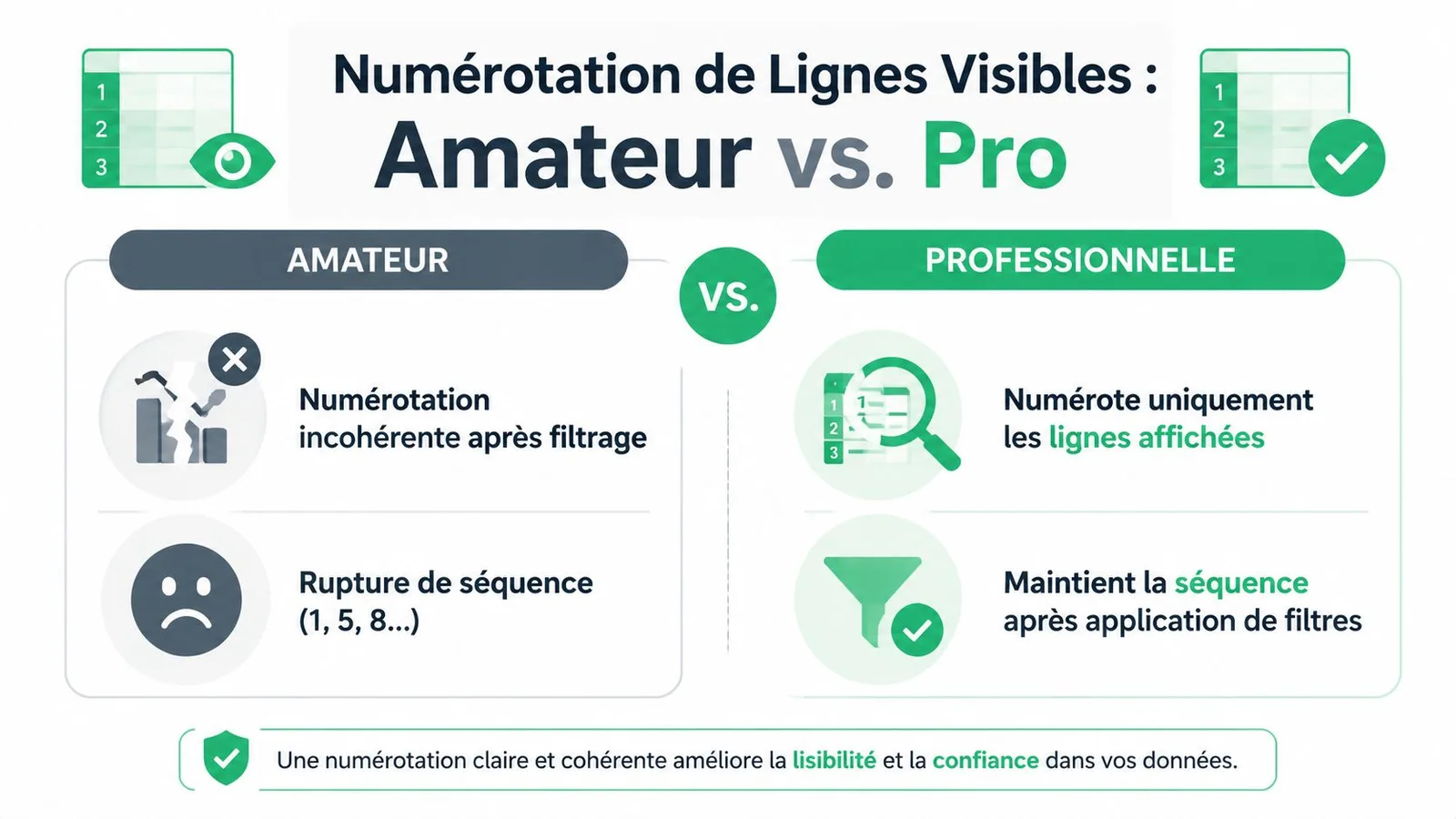 Comparaison entre numérotation de lignes inefficace et professionnelle dans Excel après application de filtres de données.