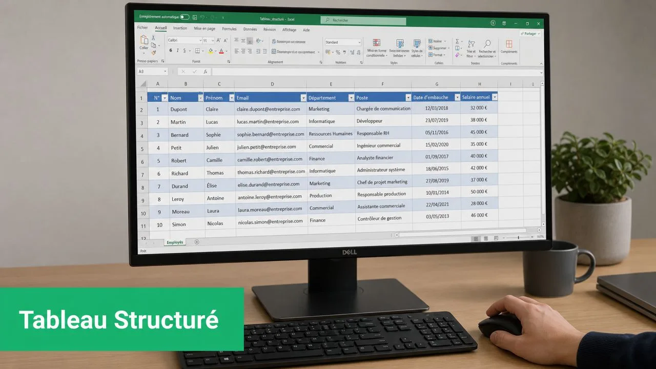 Un écran d'ordinateur affichant un tableau Excel structuré avec des données professionnelles d'employés sur un bureau.