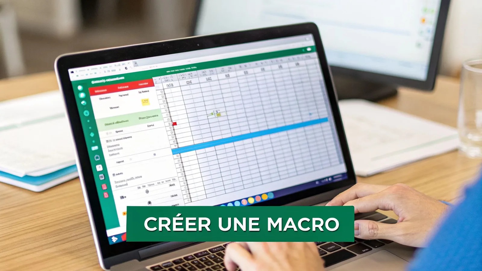 Une personne tape sur un ordinateur portable affichant une feuille de calcul Excel et le texte « CRÉER UNE MACRO ».