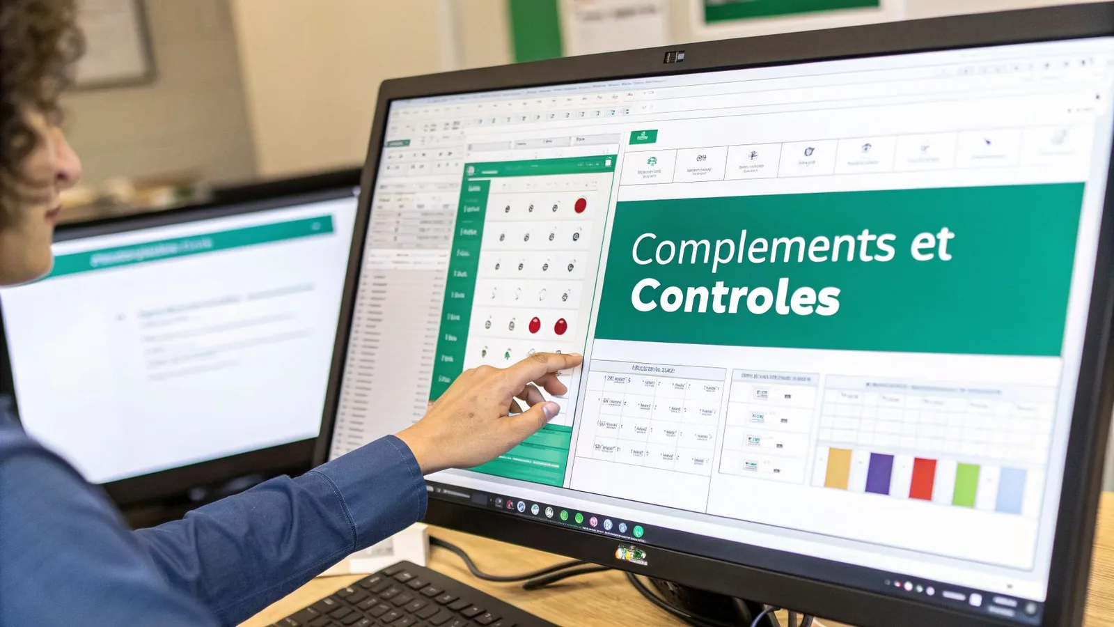 Une personne interagit avec un ordinateur affichant un logiciel de tableur avec des données et des graphiques, explorant des compléments et contrôles.