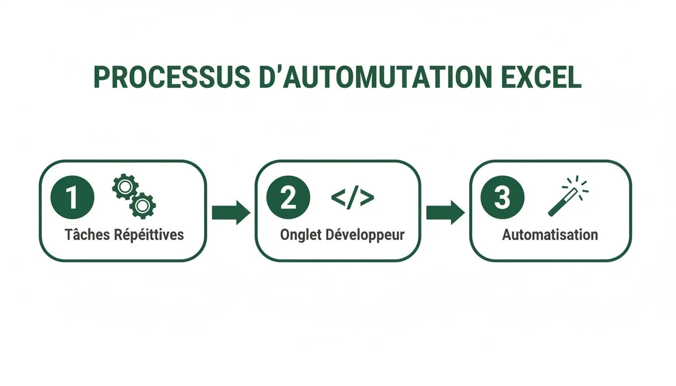 Illustration du processus d'automatisation Excel : tâches répétitives, onglet développeur et automatisation.
