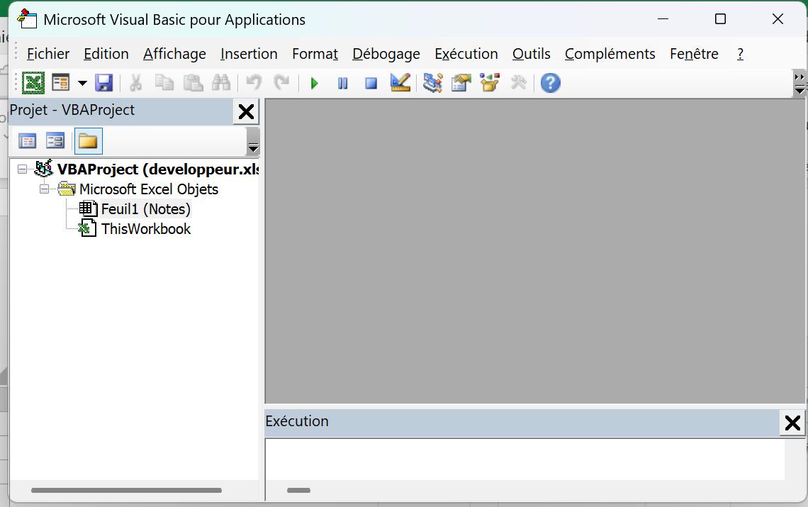 L’éditeur VBA ouvert sur un classeur neuf, son explorateur de projets montrant la feuille Feuil1 et l’objet ThisWorkbook, sans aucun module
