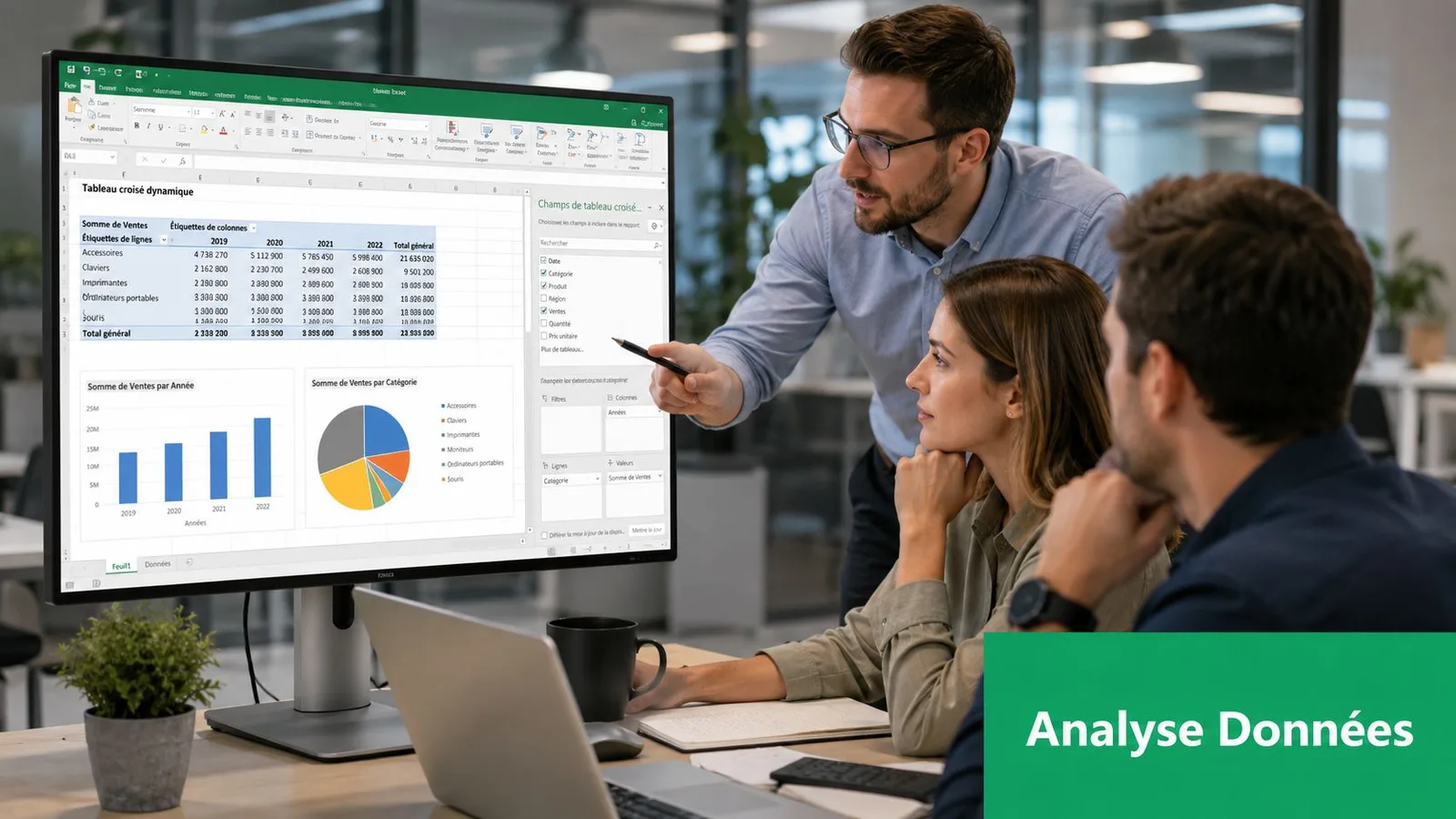 Une équipe de professionnels analysant des données sur un écran d'ordinateur dans un bureau moderne.