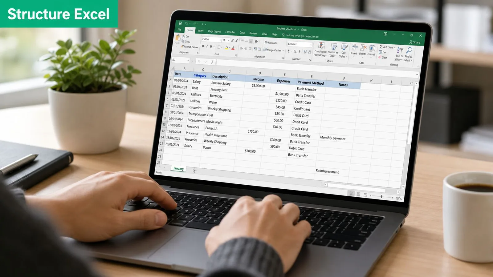Une personne utilisant un ordinateur portable pour gérer un budget mensuel sur une feuille de calcul Excel.