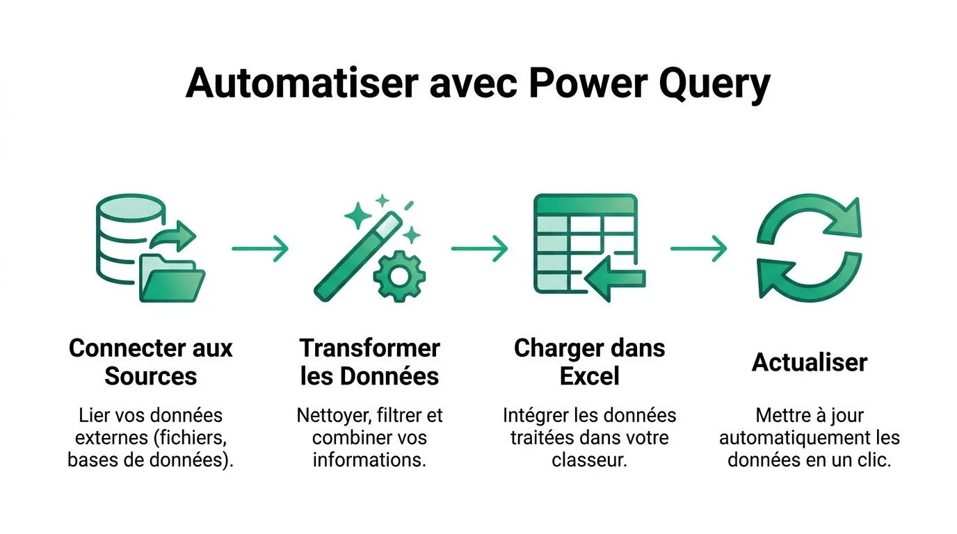 Schéma illustrant les quatre étapes du processus d'automatisation des données avec Power Query dans Excel.