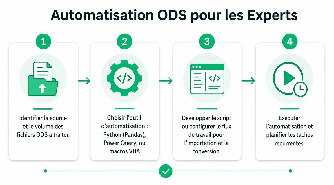 Processus en quatre étapes pour automatiser le traitement et la conversion de fichiers ODS pour les experts.