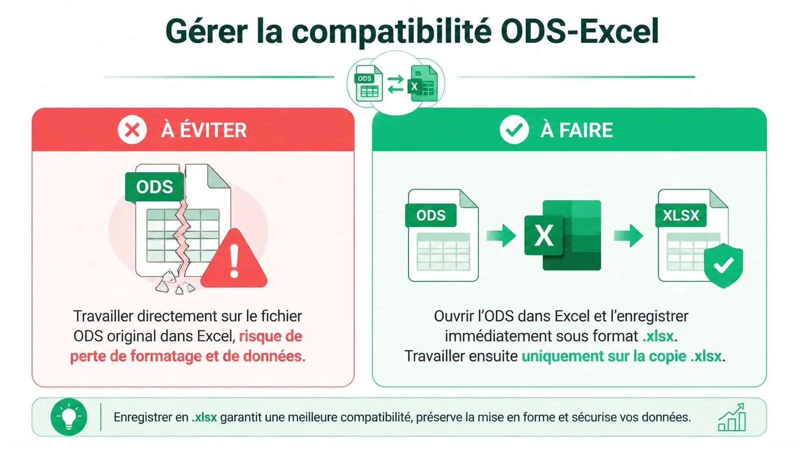 Infographie illustrant comment éviter la perte de données en convertissant les fichiers ODS au format XLSX dans Excel.