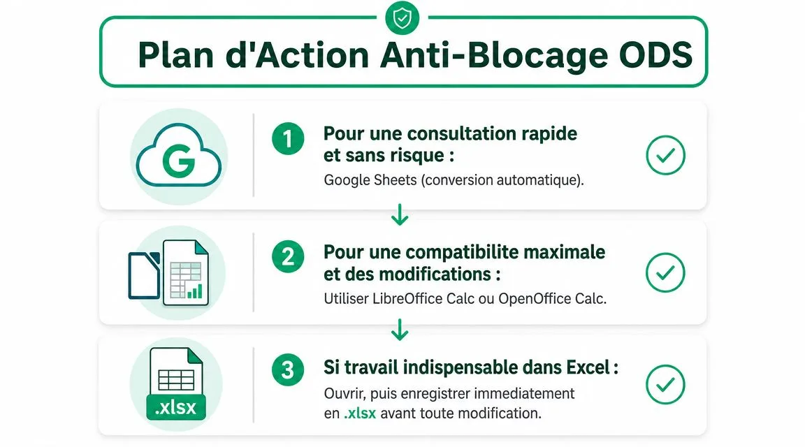 Infographie présentant trois étapes pour résoudre les problèmes d'ouverture et de modification de fichiers au format ODS.