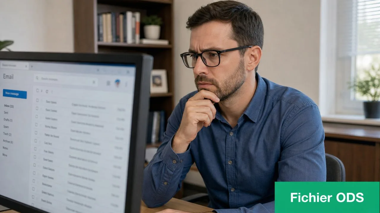 Un homme d'affaires concentré devant son ordinateur lisant des courriels importants dans son bureau professionnel.